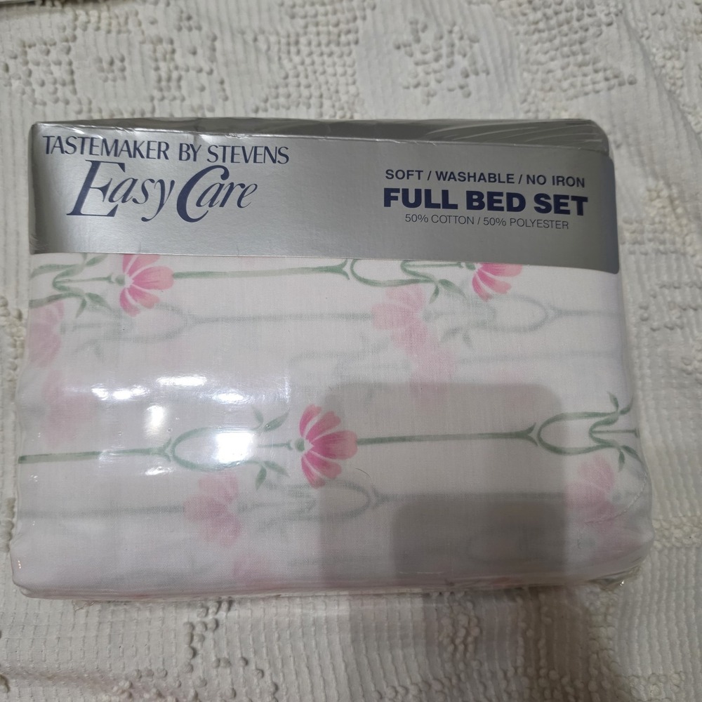 Vtg Tastemaker by Stevens Easy Care Decorum Floral Pink Full Bed Set NOS 1986‎
